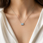 Selunyra Natural Aquamarine Elsa Necklace worn with ivory silk