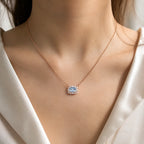 Selunyra Natural Aquamarine Elsa Necklace rose gold worn with ivory silk