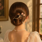 Selunyra pink Opal Tulip Hair Clip worn in an elegant low chignon