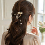 Selunyra white Opal Tulip Hair Clip worn in a half-up hairstyle