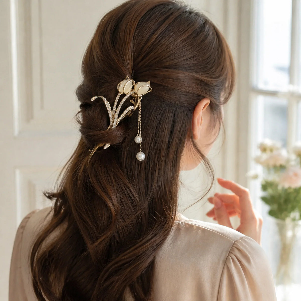 Selunyra white Opal Tulip Hair Clip worn in a half-up hairstyle