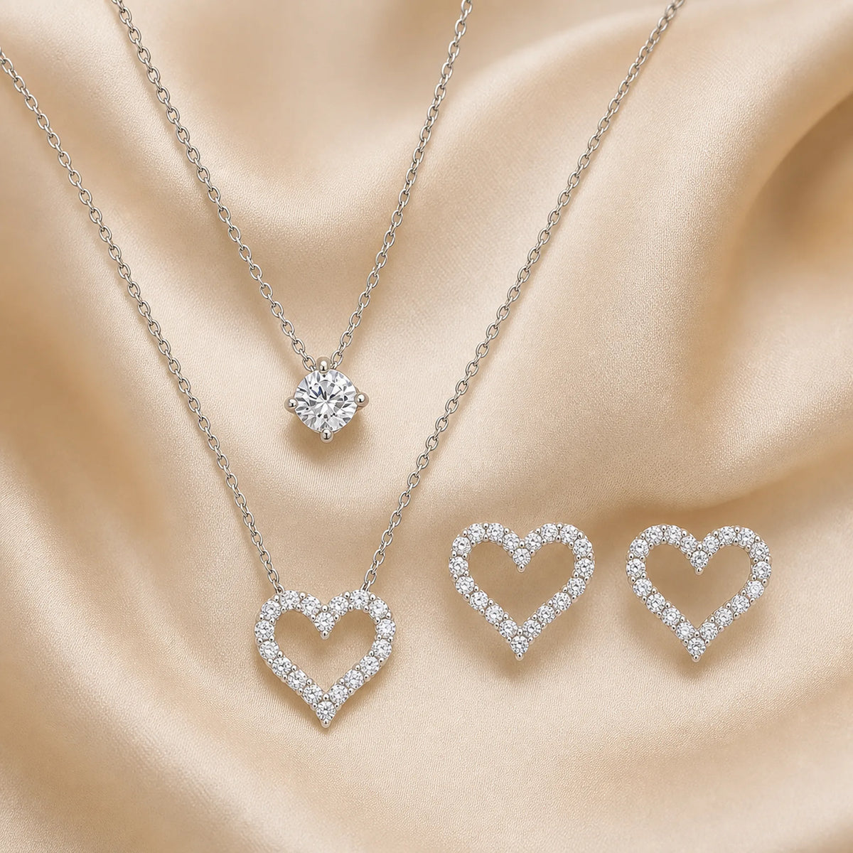 Selunyra silver layered heart necklace and matching earrings set
