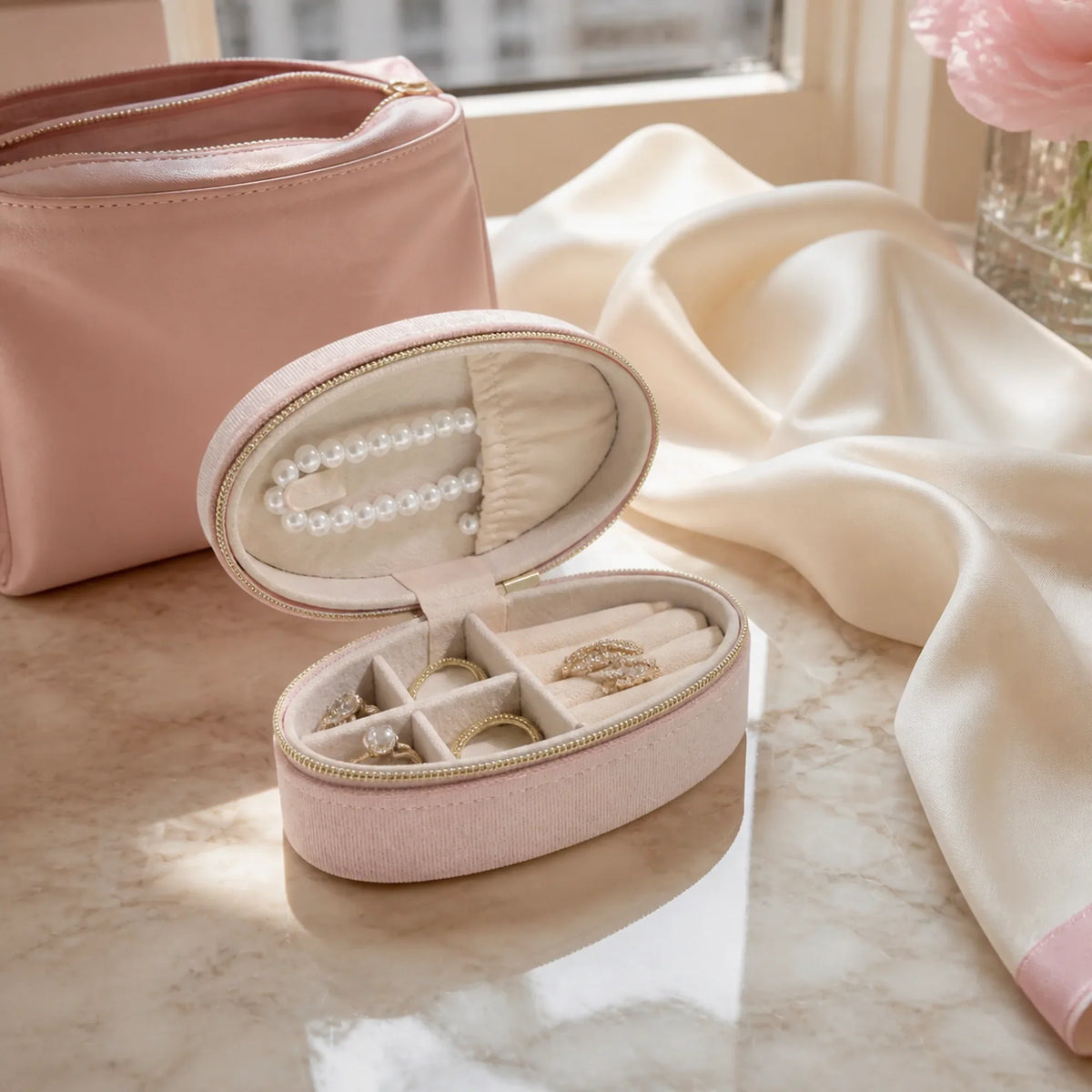 Selunyra pink bow travel jewelry box open with jewelry organized inside