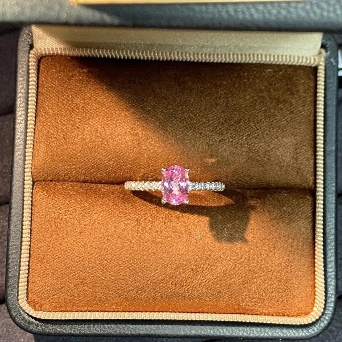 Selunyra Pink Diamond Ring in jewelry box, front view