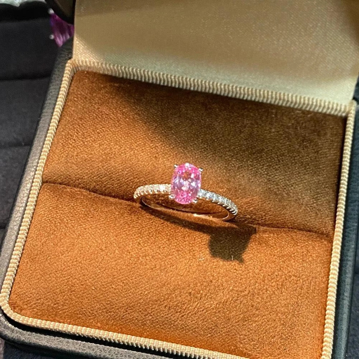 Selunyra Pink Diamond Ring in jewelry box, angled view