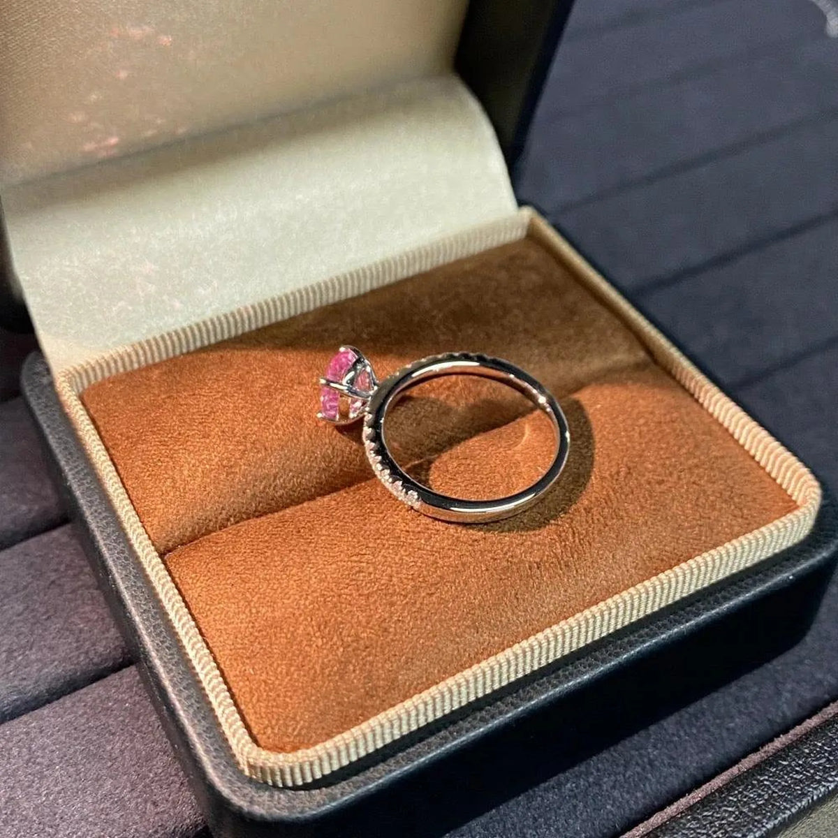 Selunyra Pink Diamond Ring in jewelry box, side view