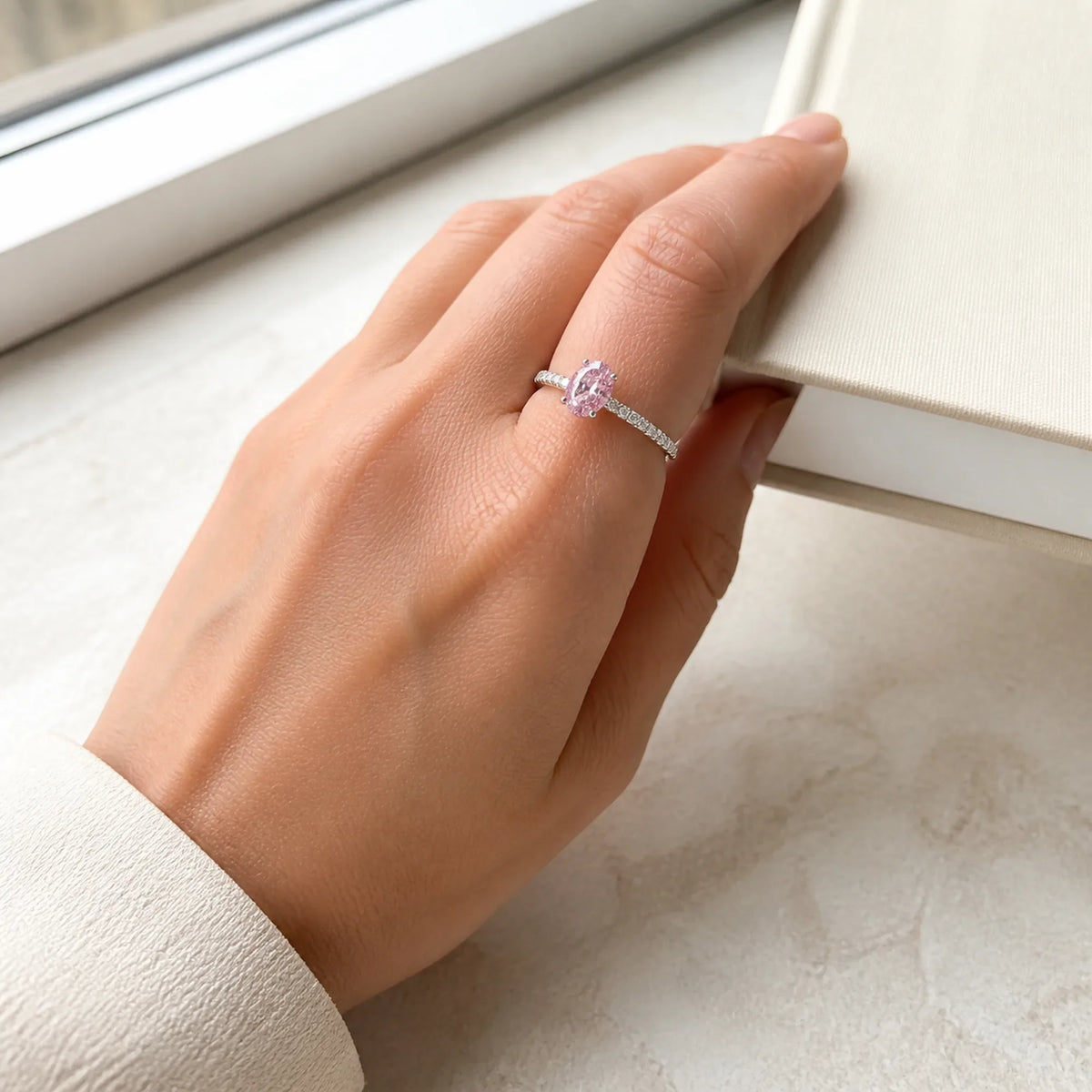 Selunyra Pink Diamond Ring worn on hand, lifestyle view