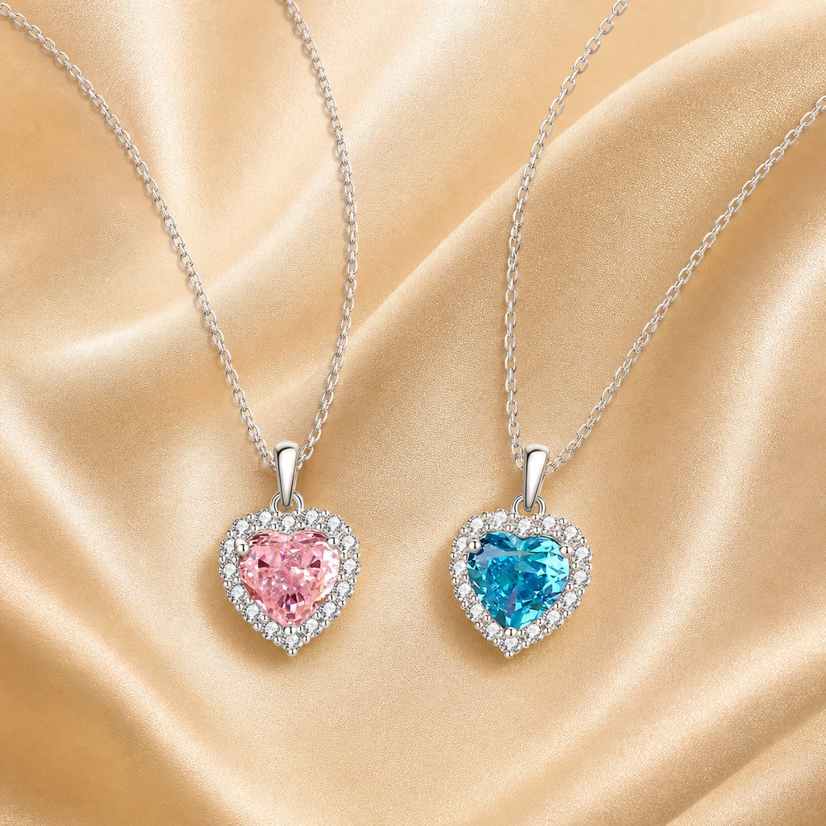 Selunyra Pinko heart halo necklaces in pink and aqua blue