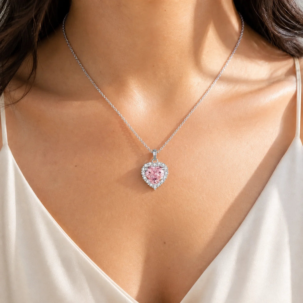 Selunyra Pinko pink heart halo necklace worn in daylight