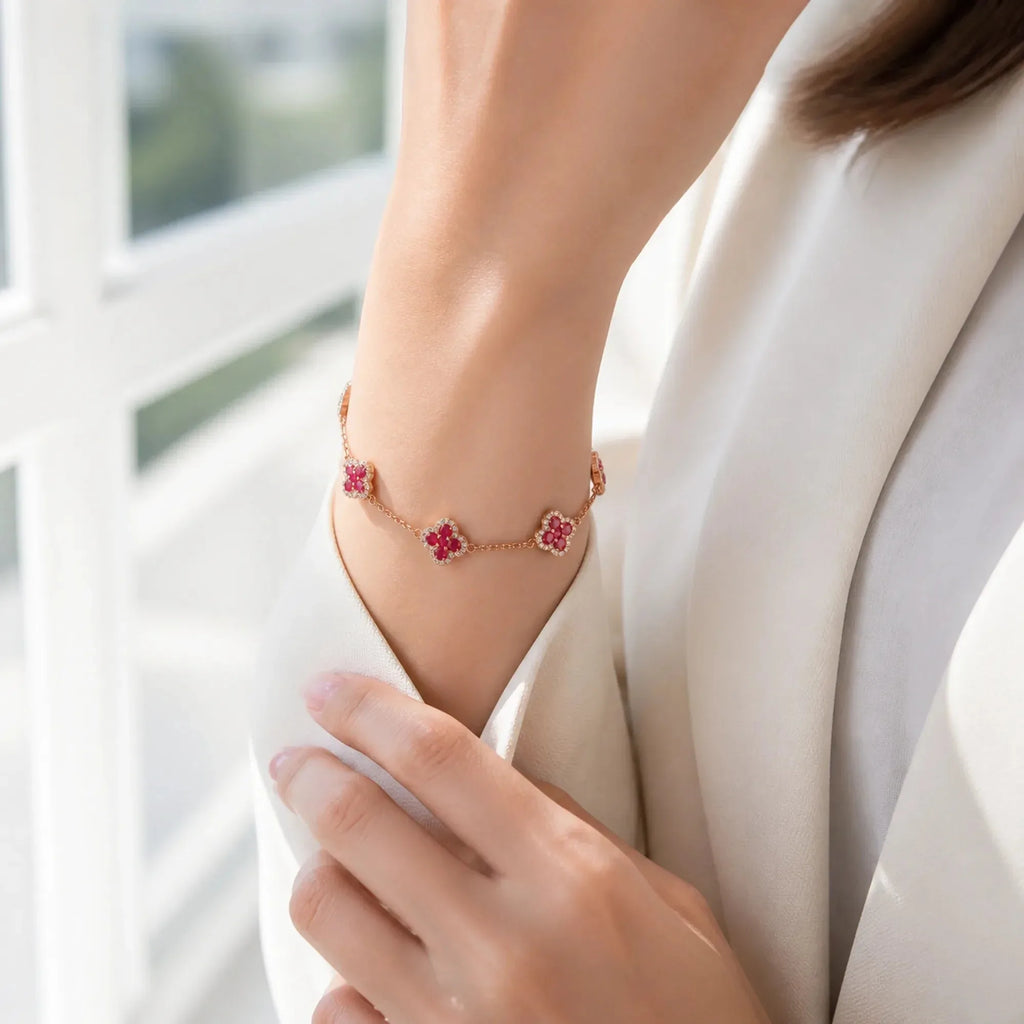 Selunyra Ruby Cleef Bracelet worn on wrist 2