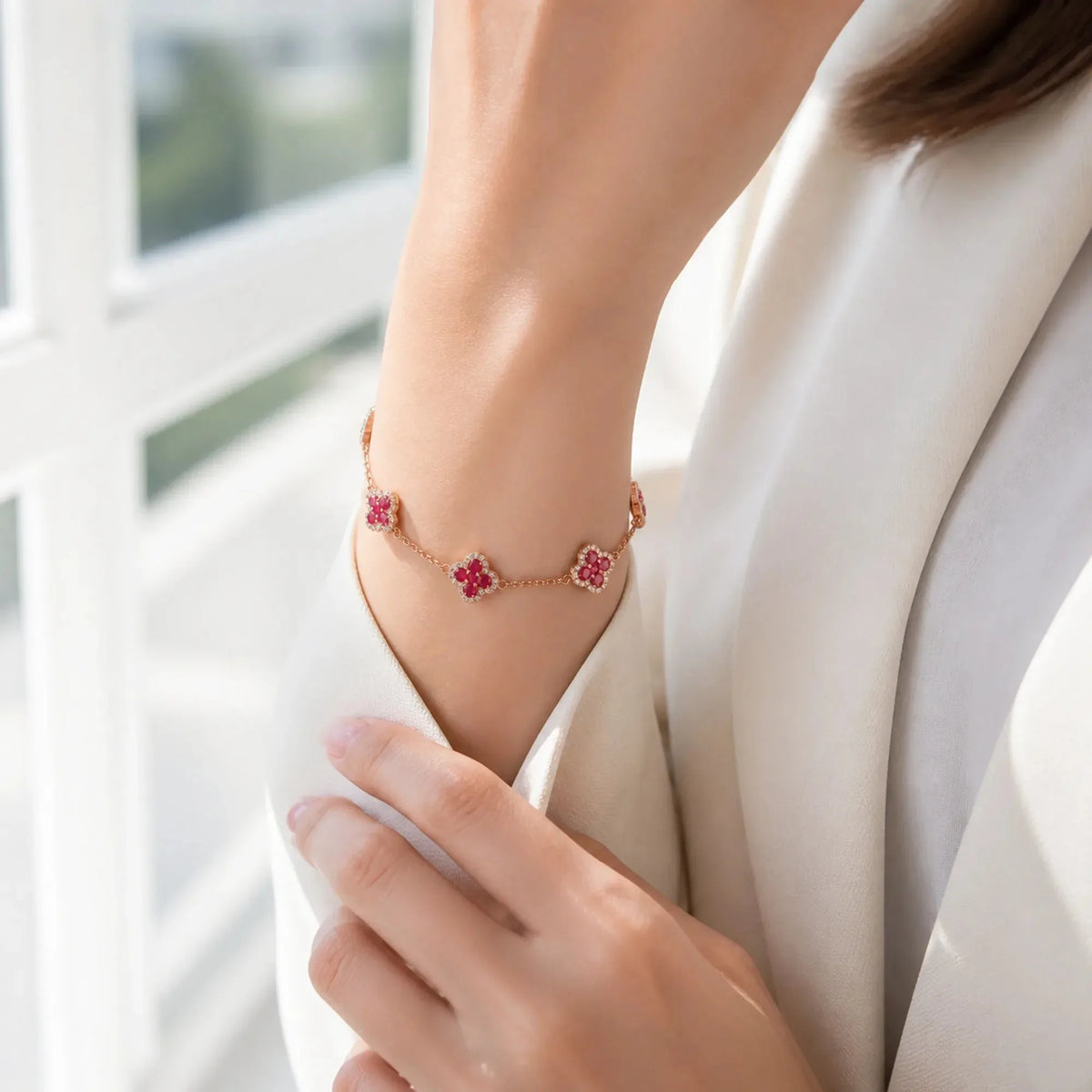 Selunyra Ruby Cleef Bracelet worn on wrist 2