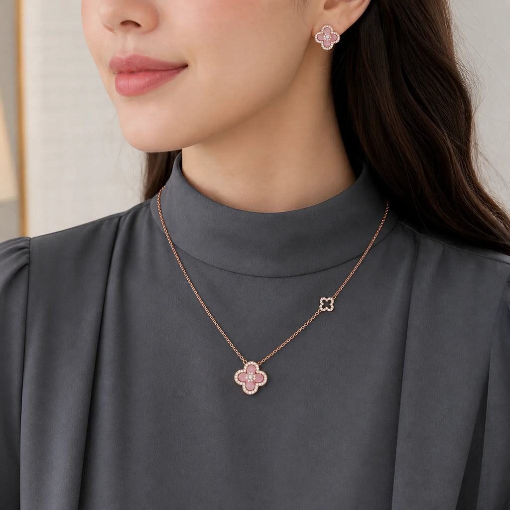 Selunyra Sakura Cleef pink necklace and earrings worn