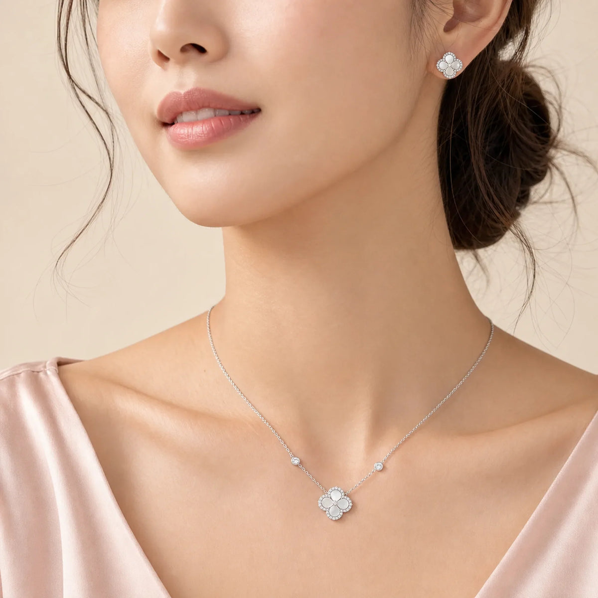 Selunyra Sakura Silver Set necklace and earrings worn