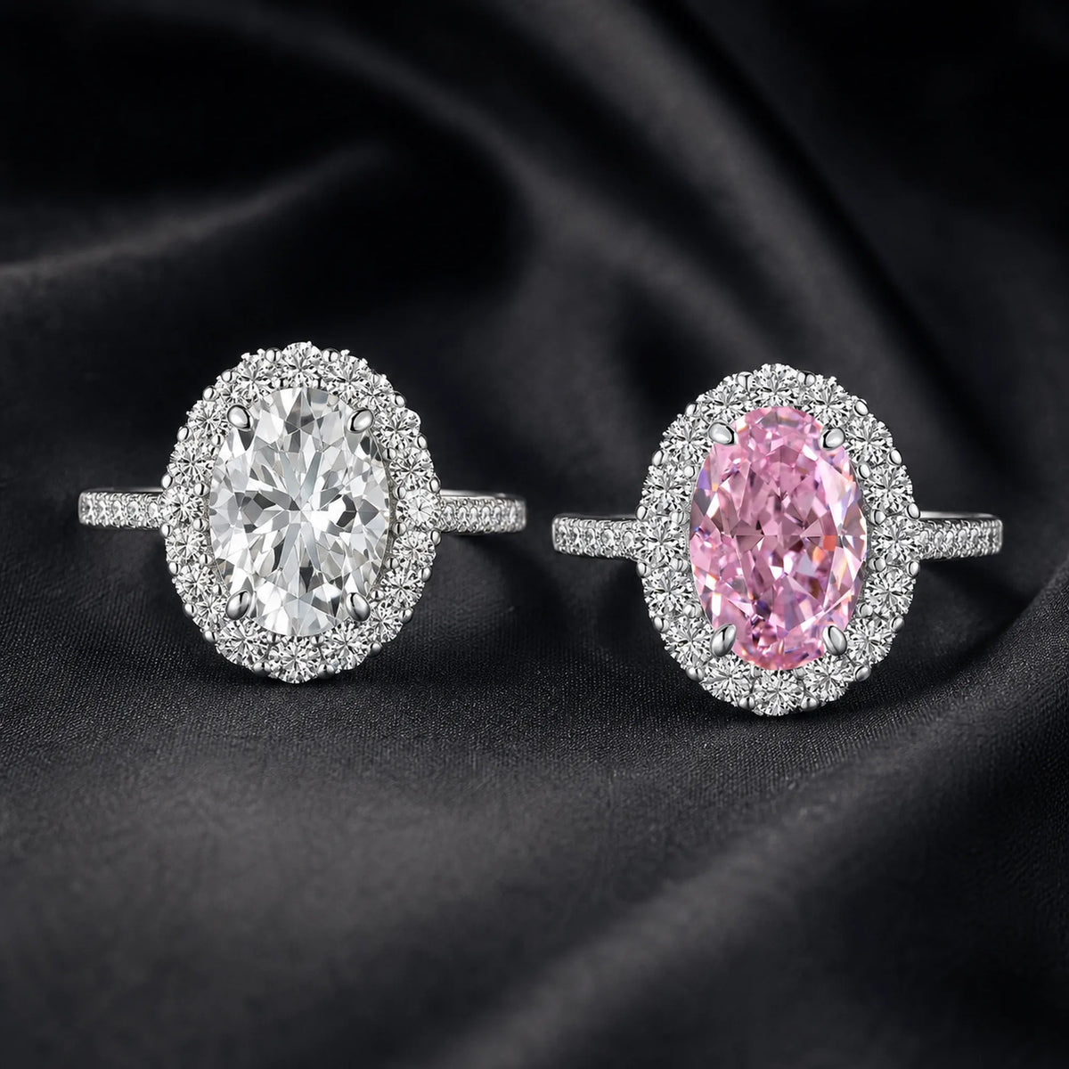 Selunyra Shyshy oval halo rings in white and pink
