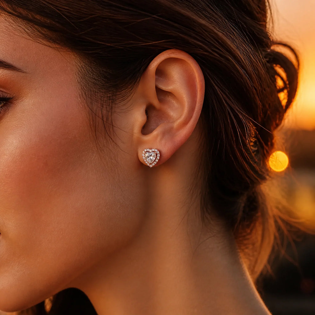 Selunyra Sparkling Heart stud earring worn in warm evening light
