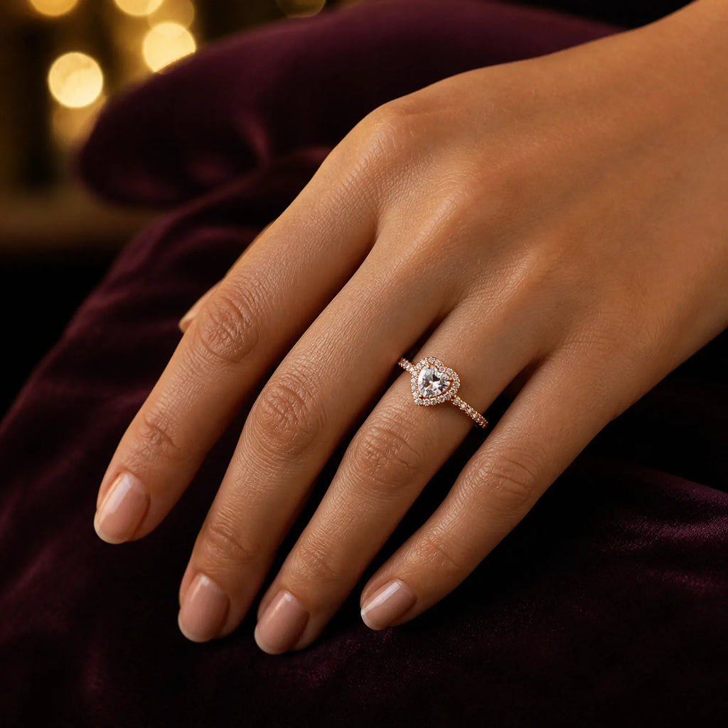Selunyra sparkling heart ring worn for evening styling