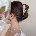 Selunyra pink Tulip Claw Clip in an elegant updo