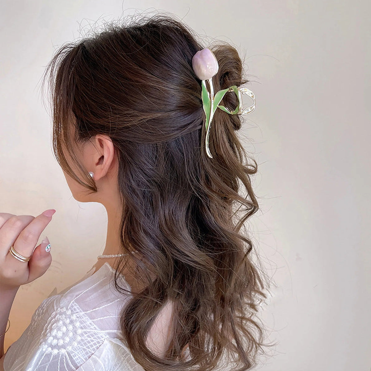 Selunyra purple Tulip Claw Clip in a half-up hairstyle