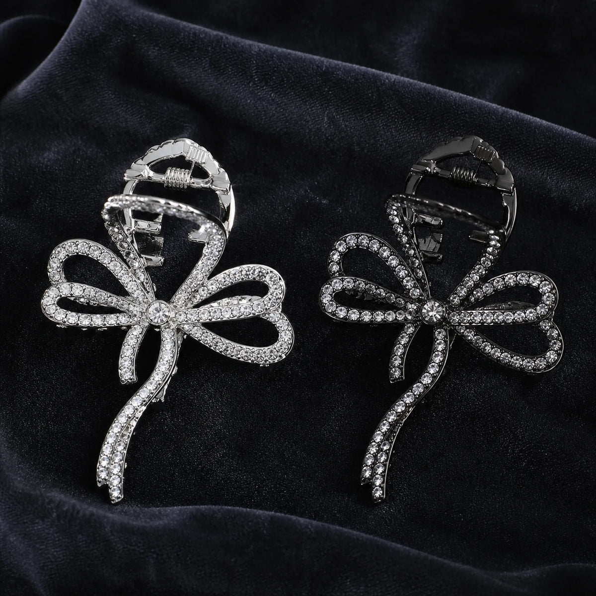 Selunyra silver and black rhinestone butterfly bow claw clips