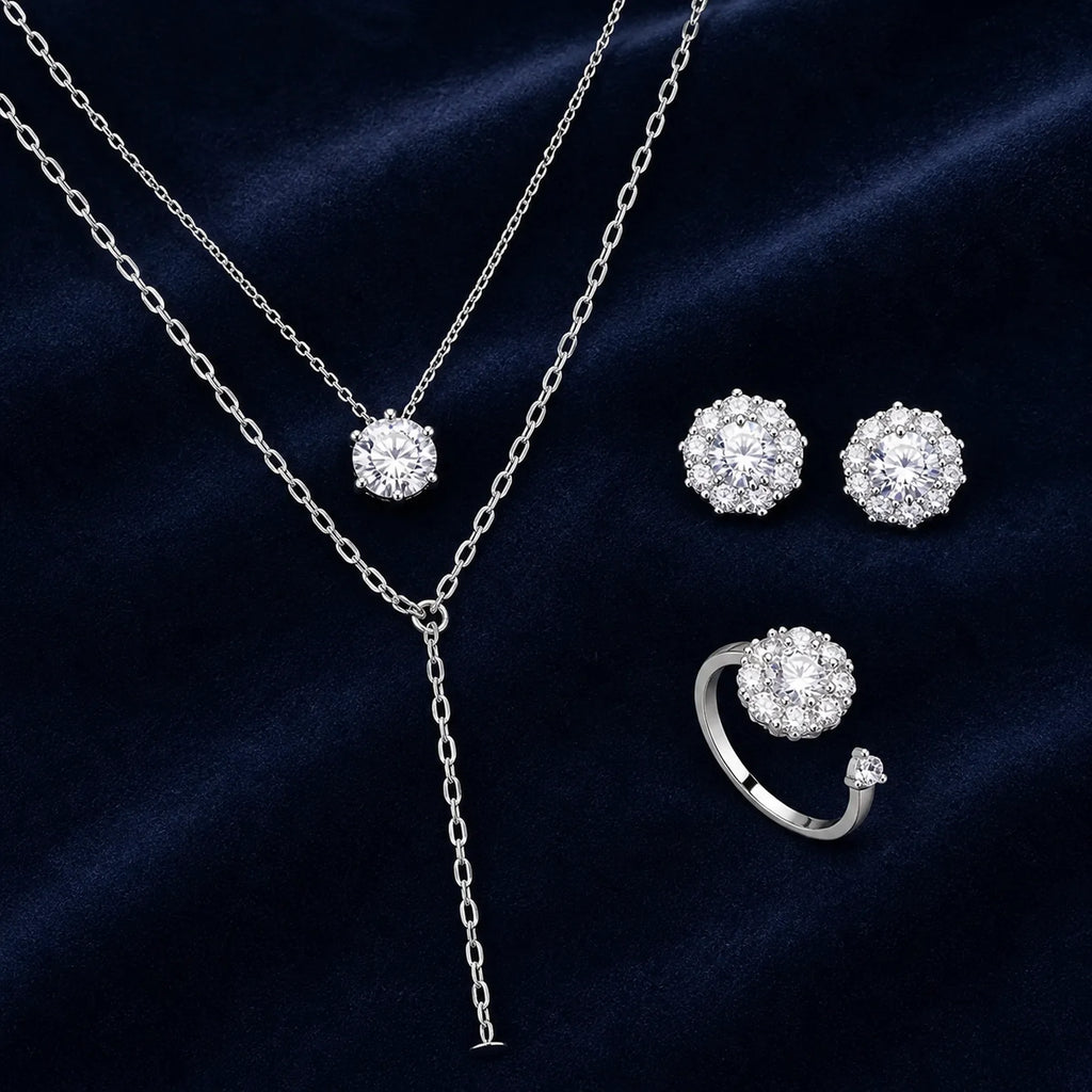 Selunyra Y necklace, halo earrings and open ring set
