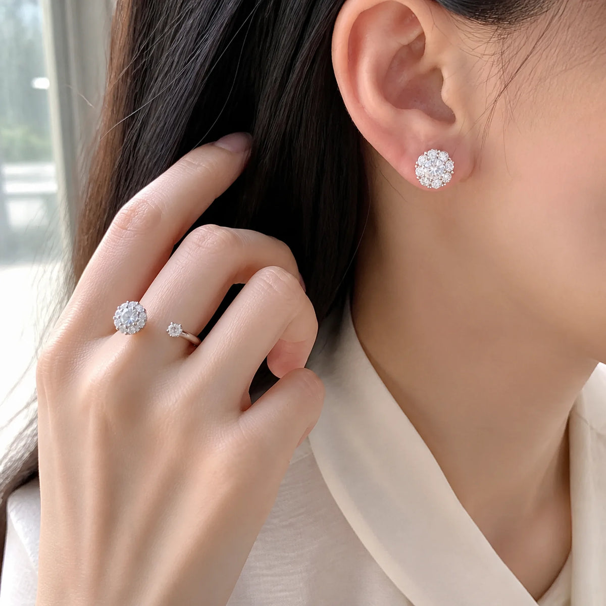 Selunyra halo earring and matching open ring worn