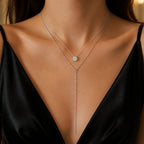 Selunyra layered Y necklace set worn with a black dress